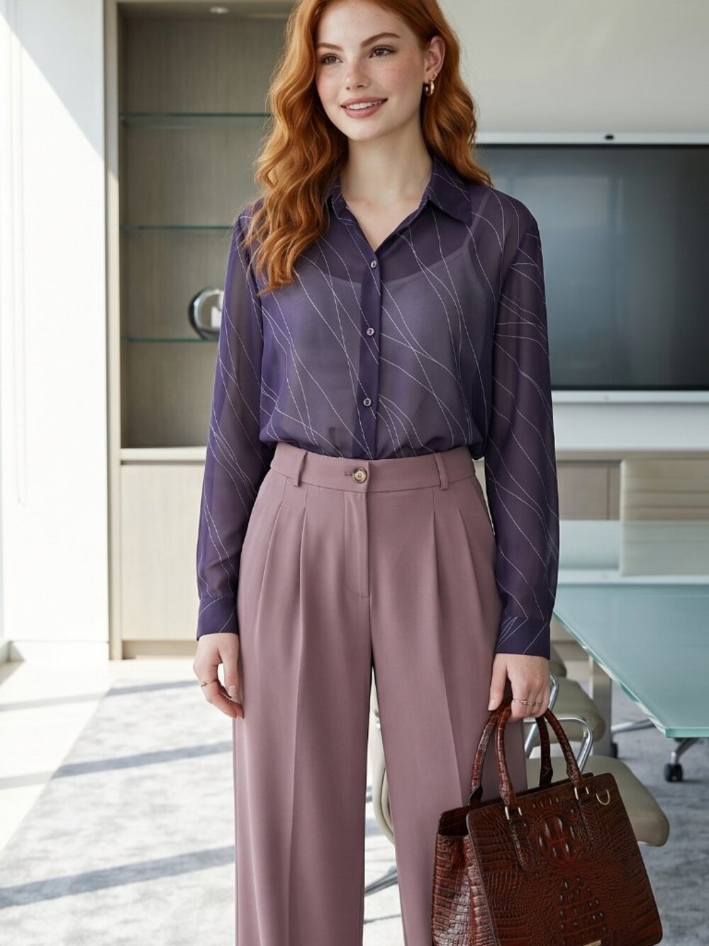 Mosaic Women's Sz 10 Plum Purple Button-down Semi-sheer Long Sleeve Blouse Y2k